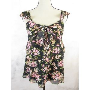 Lauren Conrad Black Pink Floral Ruffle Blouse